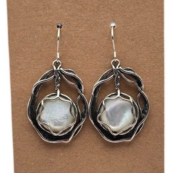 Mother of Pearl Cabachon C&H Sterling Silver Dangle Vintage Earrings - Picture 4 of 8